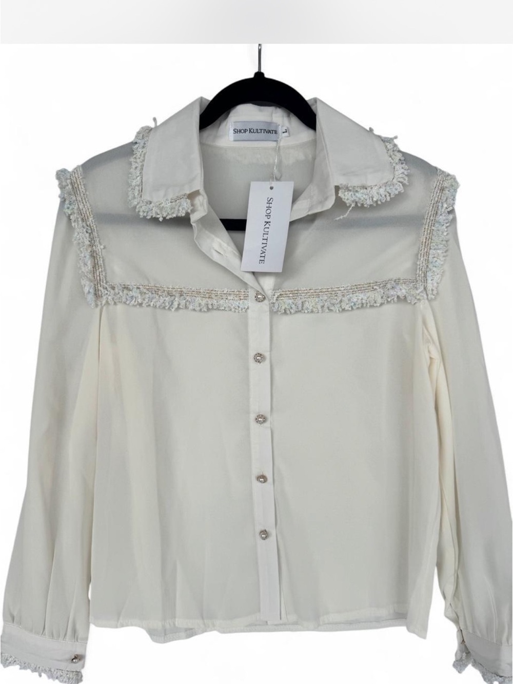 Cream Fringe-Trim Button-Down Blouse